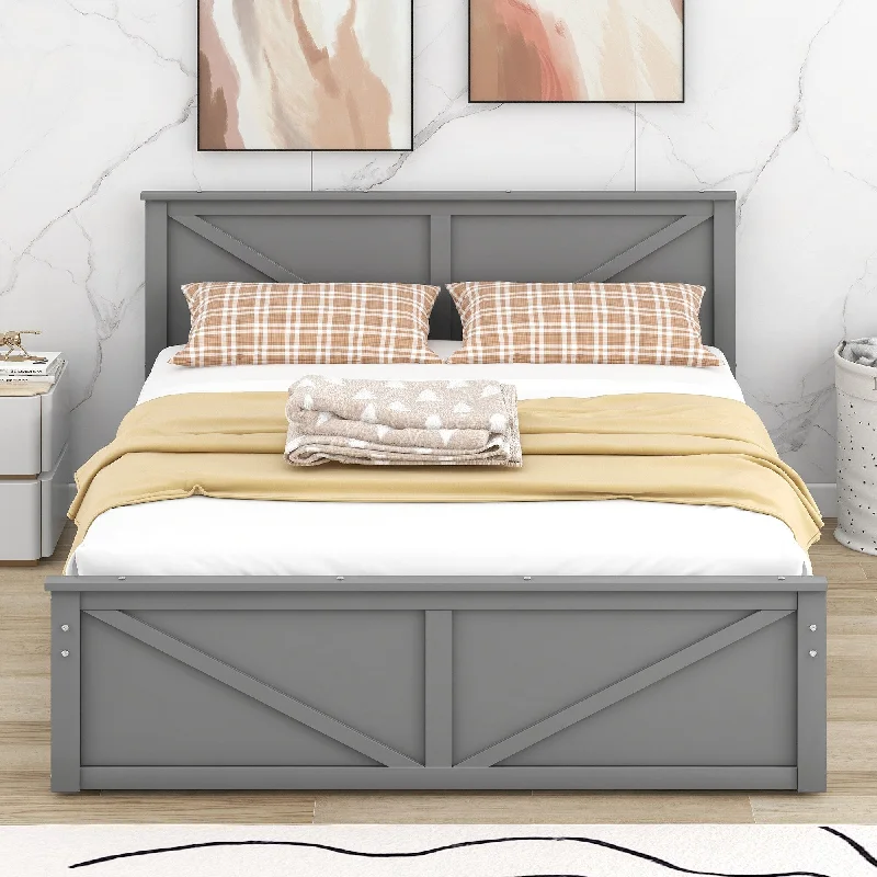 Grey Queen Size Platform Bed with Four Storage Drawers and Support Legs - Wooden