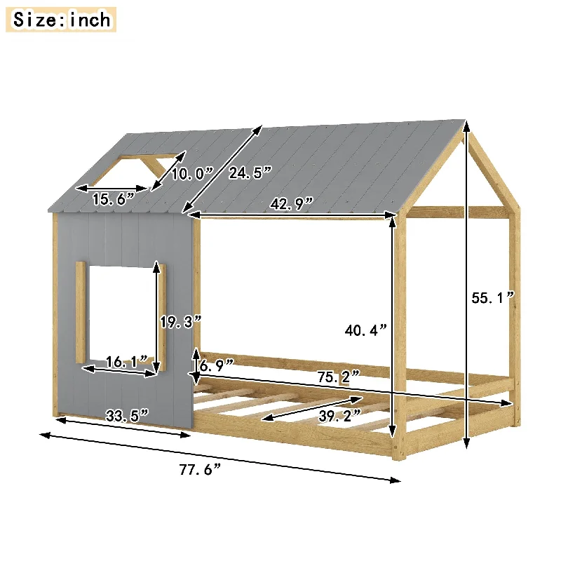 Grey Twin Size House Bed with Roof, Window & Guardrails