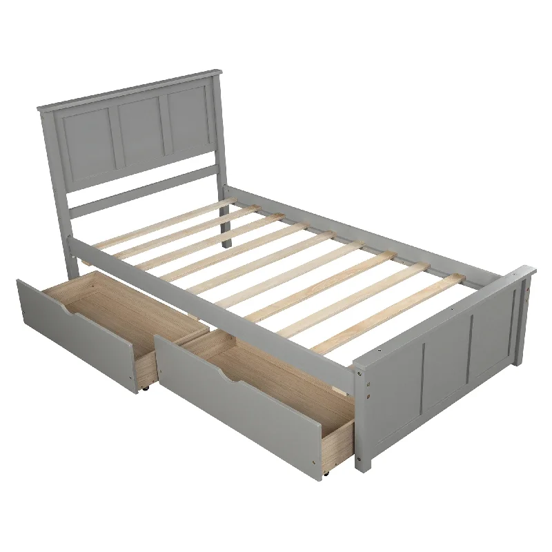 Grey Twin Size/ Platform Storage Bed with Two Drawers on Wheels, Crafted from Sturdy Solid Wood and MDF Construction