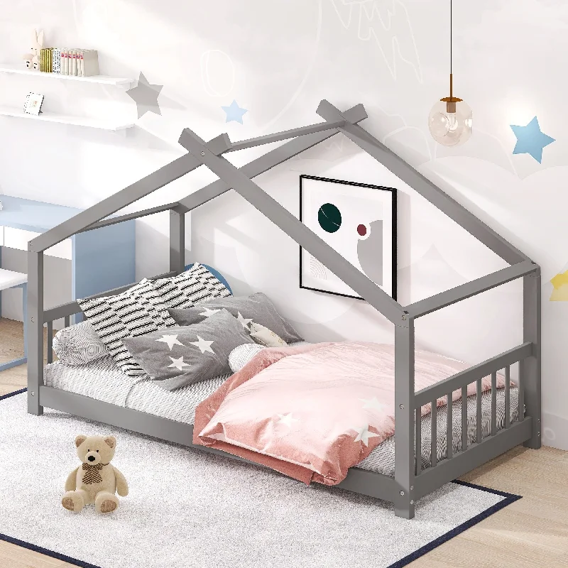 Grey Twin SizeWood House Bed