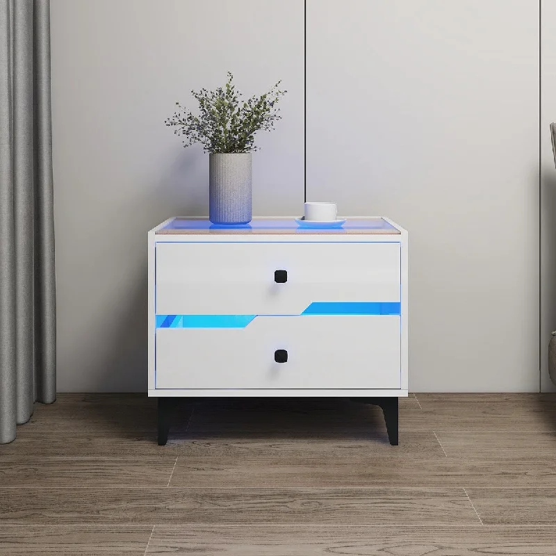 High Gloss Nightstand with LED Light and 2 Drawers