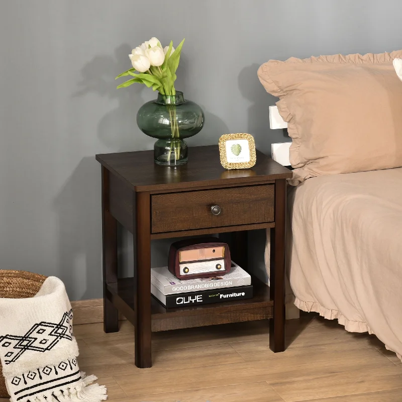 HOMCOM Bedside Night Stand with Drawer, Top and Bottom Shelf for Small Spaces, Dark Brown