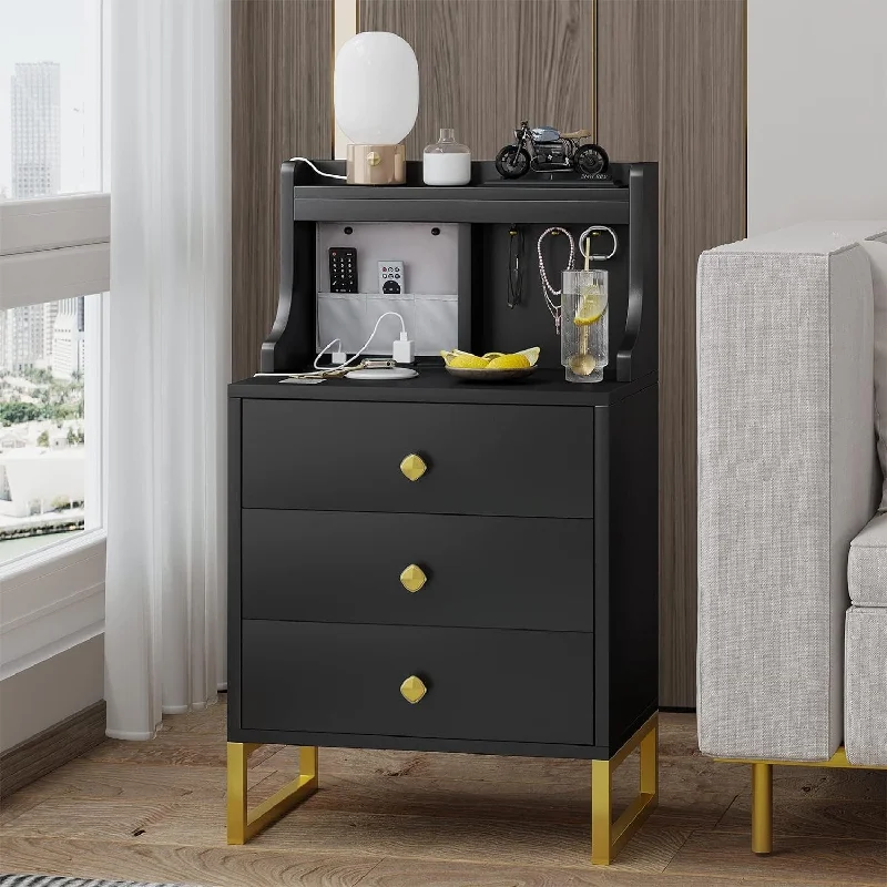 LED 3 Drawers Nightstand Charging Station with Hutch