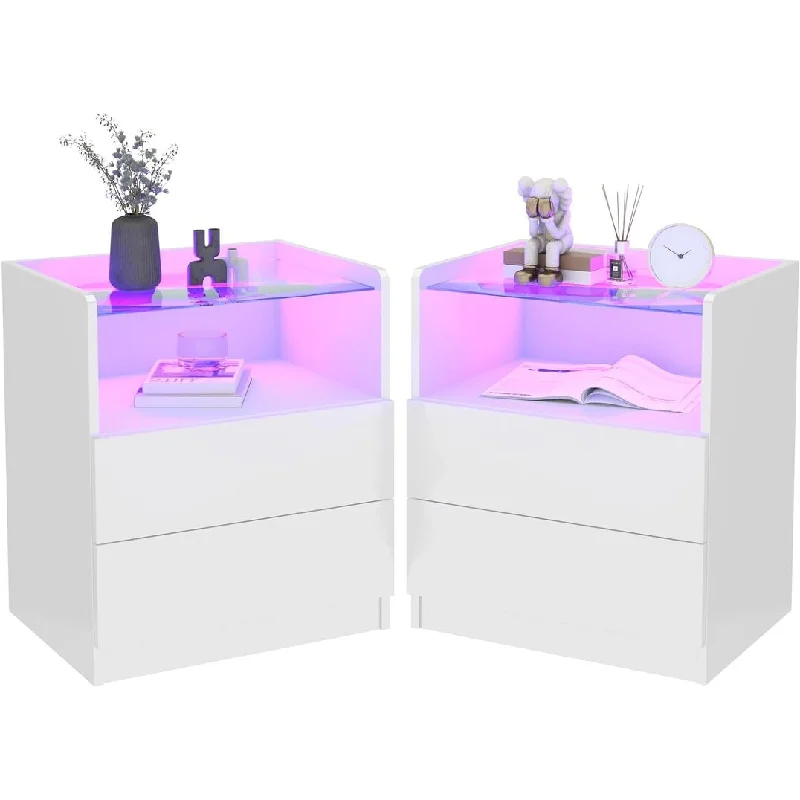 LED Nightstand Modern High Gloss Table Set of 2 with Drawers, 15.2"D x 19.7"W x 22.83"H