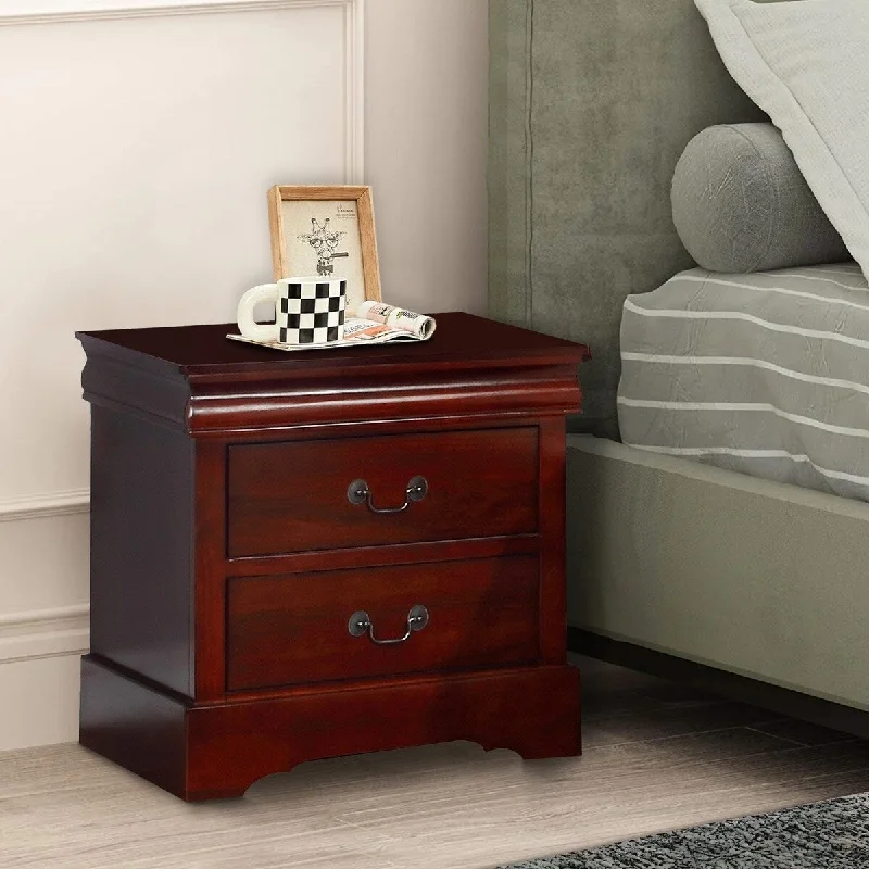 Liam 23 Inch 2 Drawer Wood Nightstand, Antique Drop Handles, Cherry Brown