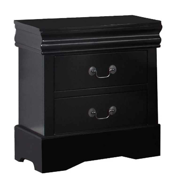 Liam 23 Inch 2 Drawer Wood Nightstand, Antique Style Drop Handles, Black