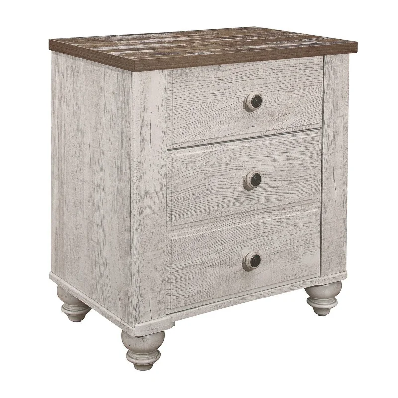 Liam 26 Inch Rustic Nightstand, 2 Drawers, Antique White and Brown Finish