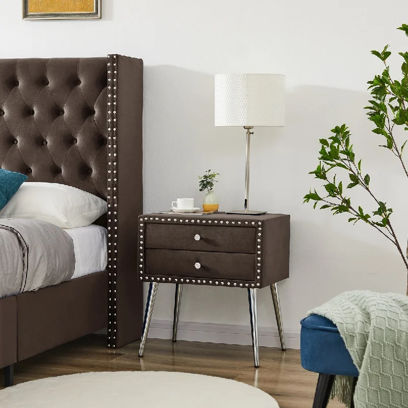 Luxurious Brown Velvet Nightstand with 2 Drawers - Elegant Button Tufted Design and Metal Legs