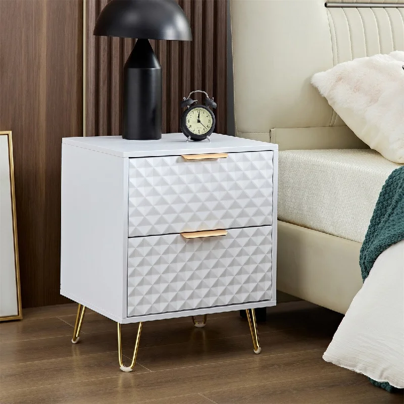 Luxury Carving Board 2-Drawers Nightstand with Metal Legs