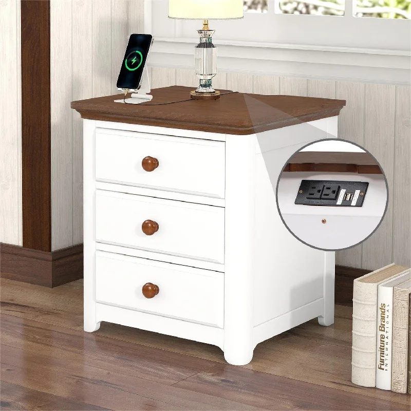 Merax Wooden Nightstand with USB Charging Ports and Three Drawers