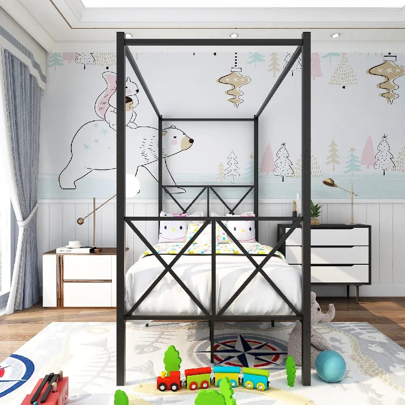 Metal Canopy Bed Frame, Platform Bed Frame with X Shaped Frame