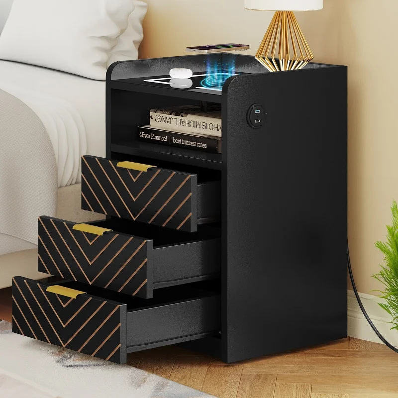 Moasis 3 Drawers Nightstand with LED Light and Wireless Charging Station