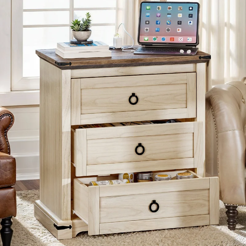 Moasis Classic 3 Drawers Nightstand with Charging Station and Power Outlet