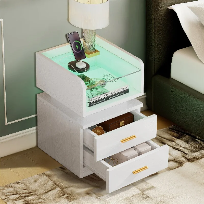 Moasis Modern 2-Drawer LED Nightstand Glass Top Gold Handles with Charging Station