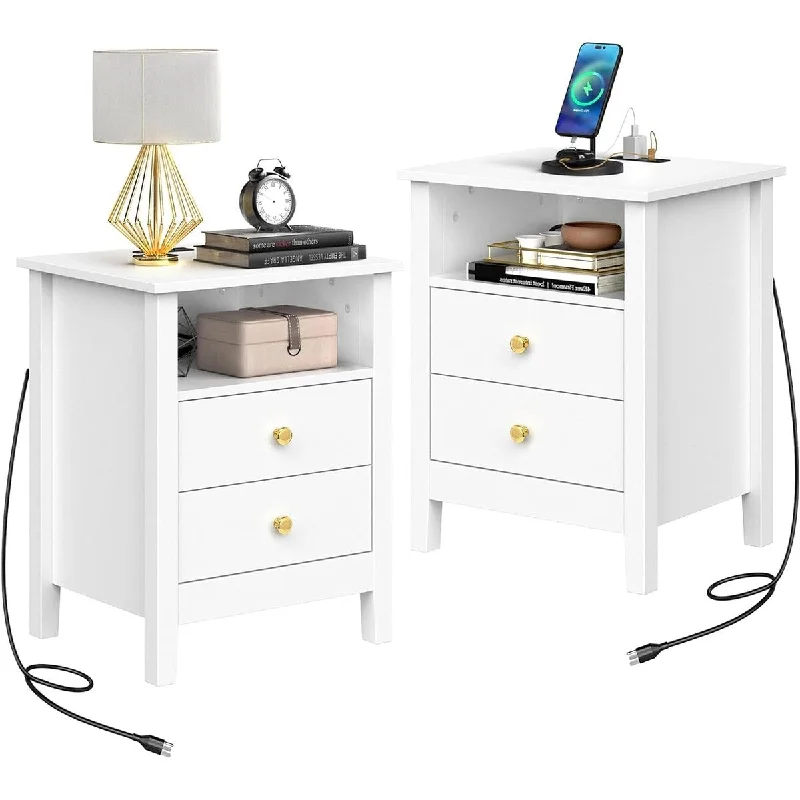 Moasis Modern LED Nightstand Set of 2 with Drawer and Storage Shelf, Bedside Table with Charging Station