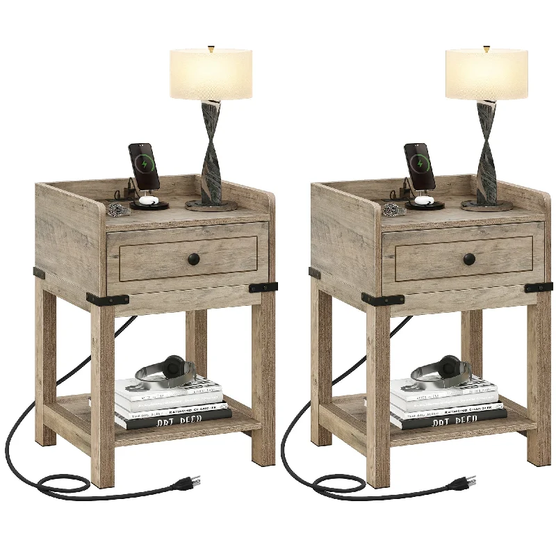 Moasis Nightstands Set of 2 with Storage Shelves End Side Table with Charging Station USB