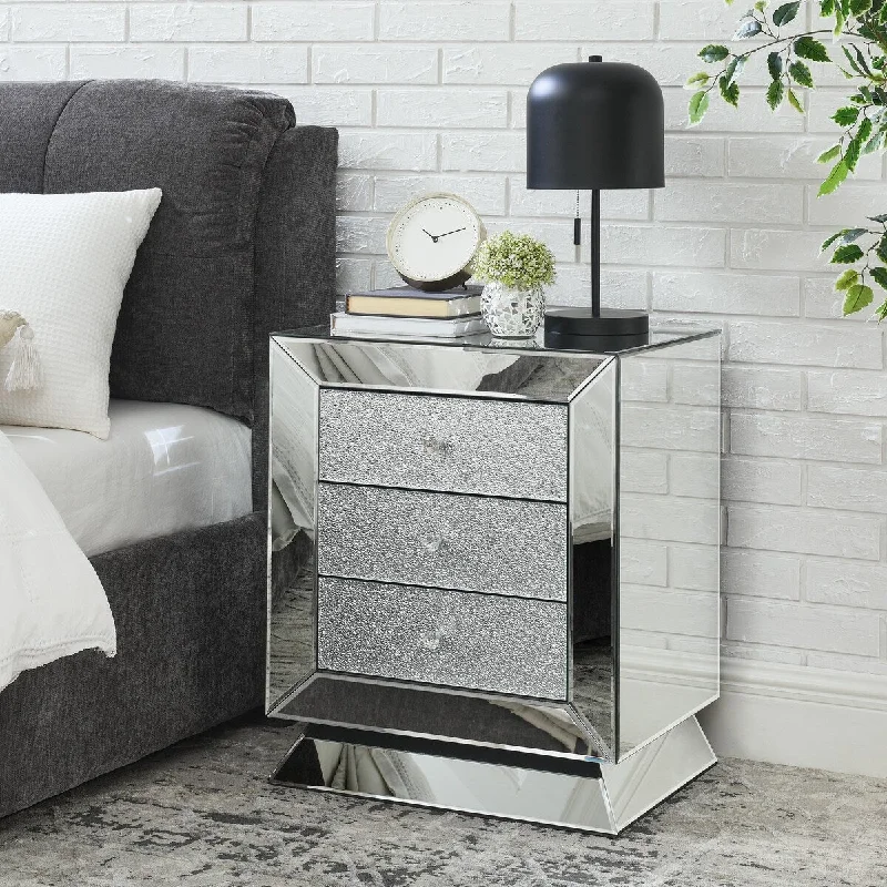 Modern 3-Drawers Nightstand with Mirrored Panel