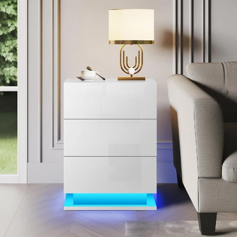 Modern End Side Table LED Nightstand with 3 drawers