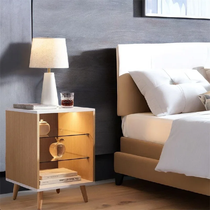 Modern Nightstand with 2 Glass Shelves and 3 Color LED Lighting