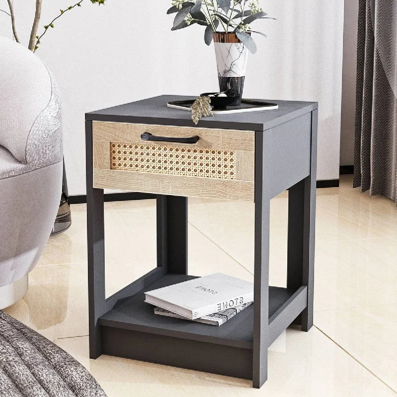 Modern Rattan Nightstand with Drawer for Small Space