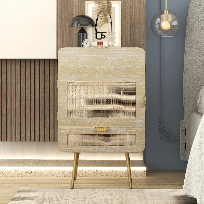 Multi-Functional Natural Wood Nightstand with Rattan Panel - 2 Drawers, 1 Cabinet, Metal Feet - Rustic Appeal