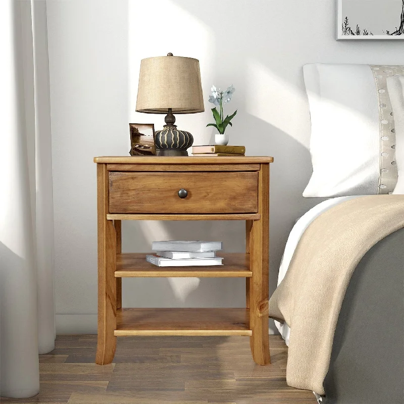 MUSEHOMEINC Rustic Wood 3-Tier Nightstand with Storage Shelf and Drawer for Bedroom or Living Room/Heritage Collection Furniture