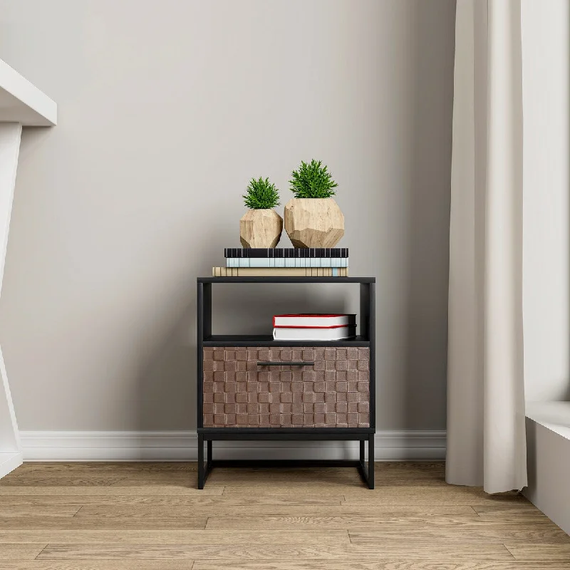 Natural 1-Door Nightstand with Socket, Modern Magnetic Door Buckle & Cable Management, 2 Charging Stations