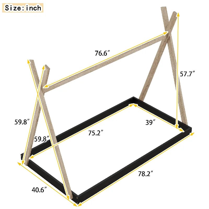 Natural Twin Size Wood Triangle Structure Tent Floor Bed, Safe Platform, Sturdy Frame, Simple Style, No Box Spring Required