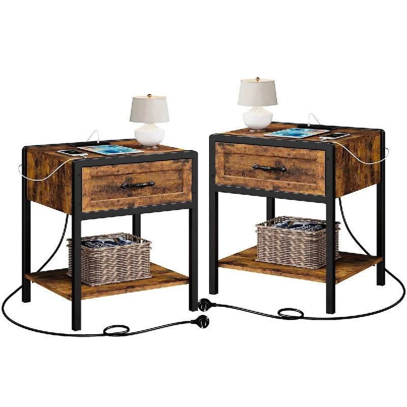 Nightstand Set of 2 with Charging Station, Retro Side Table with 1 Drawer