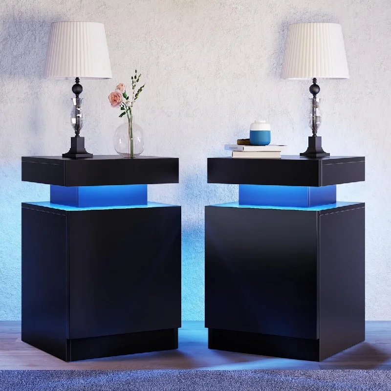 Nightstand Set of 2 with LED Lights with Storage 14.96"D x 14.96"W x 24.01"H