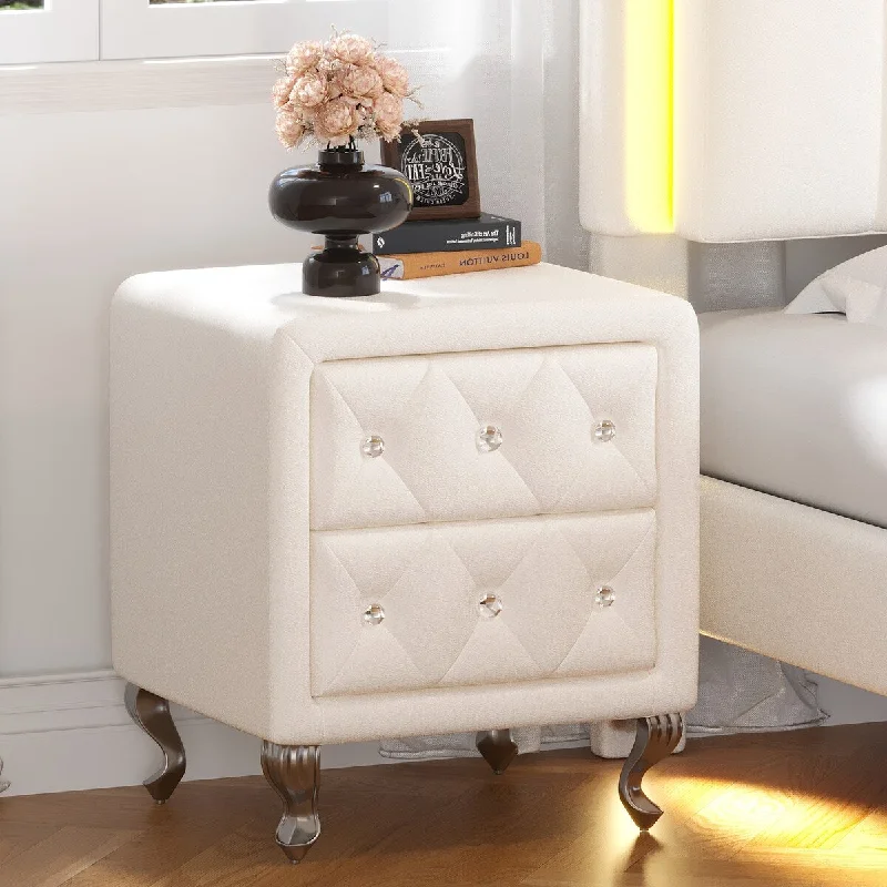 Nightstand with 2 Drawers and Crystal Handle,Fully Assembled Except Legs and Handles