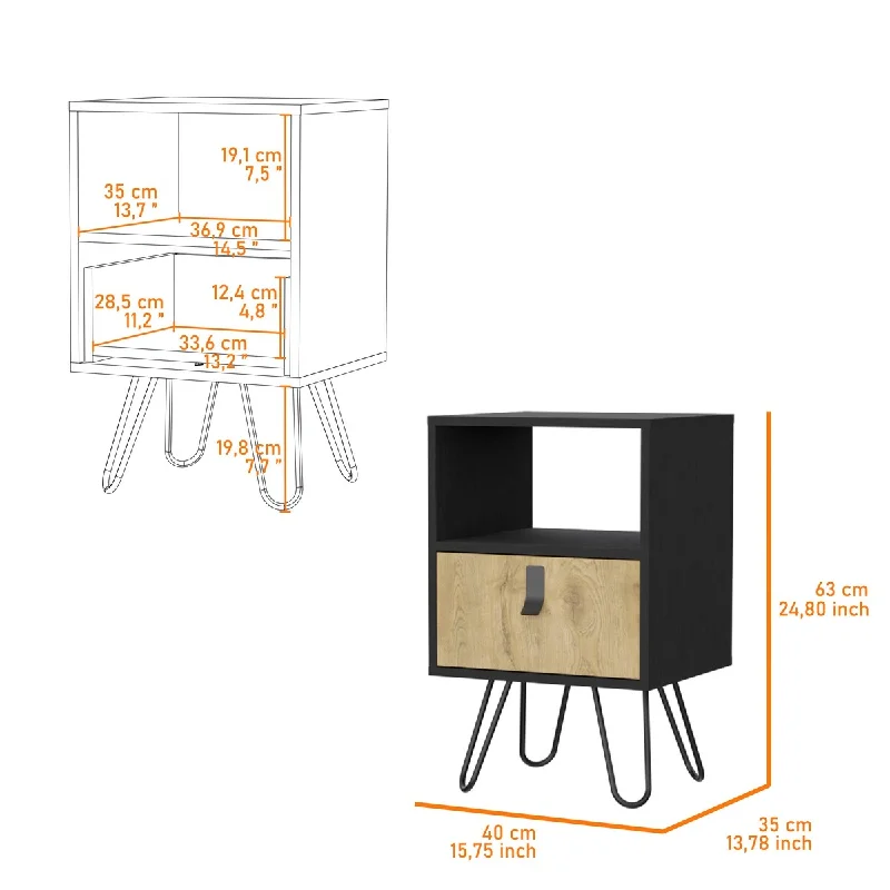 Nightstand with Ample Storage Design,Hairpin Legs, Drawer and Open Shelf