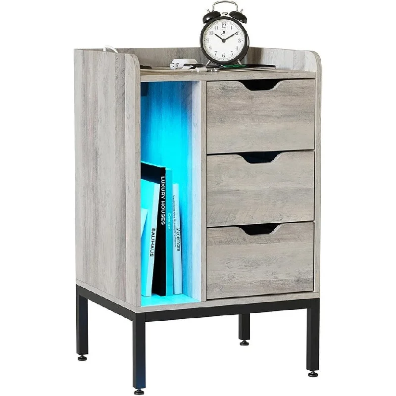 Nightstand with Charging Station and LED Lights 15.7"D x 13.8"W x 25.6"H