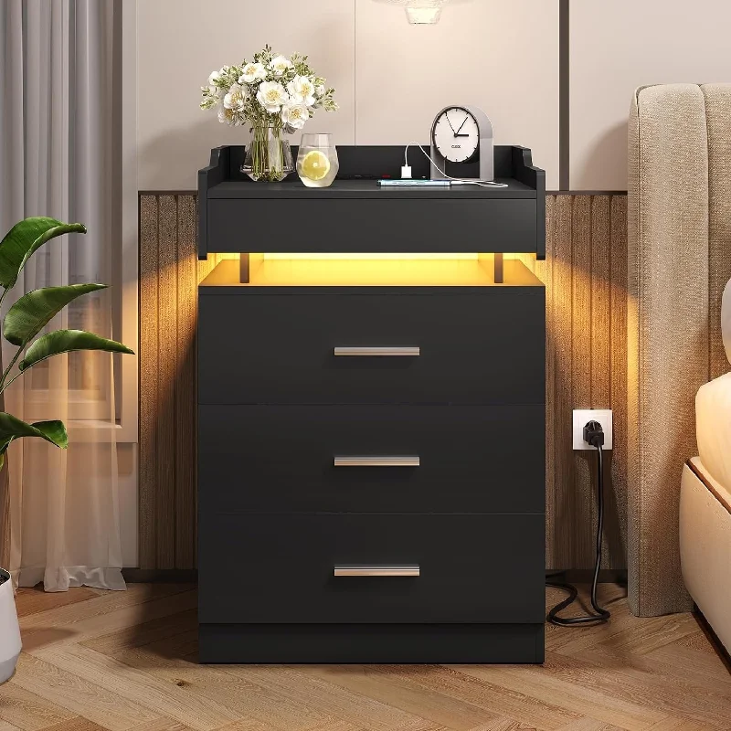 Nightstand with Charging Station and LED Lights 3 Drawers