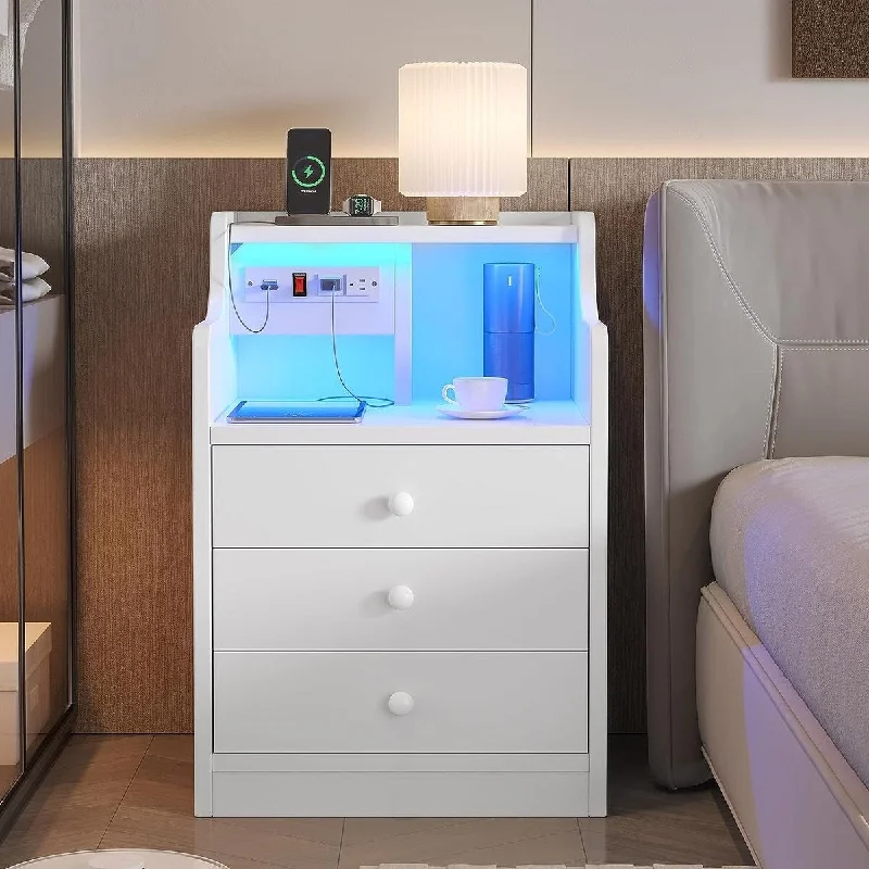 Nightstand with Charging Station and LED Lights, White LED with Hutch 13.8 x 17.7 x 26.8 inches