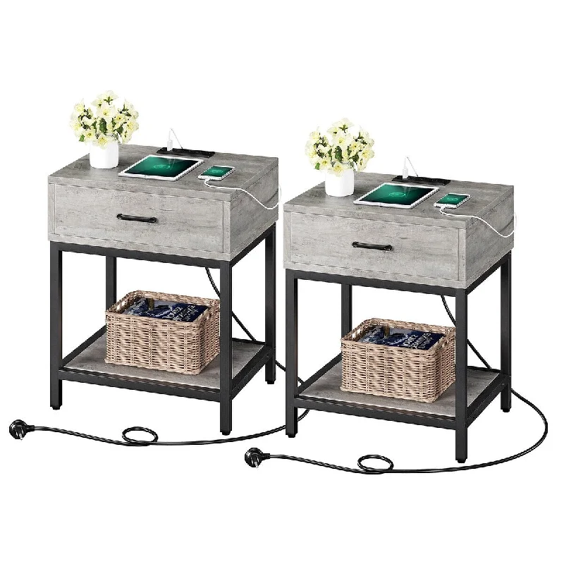 Nightstand with Charging Station Type-C&USB Ports and Outlets,2 pcs