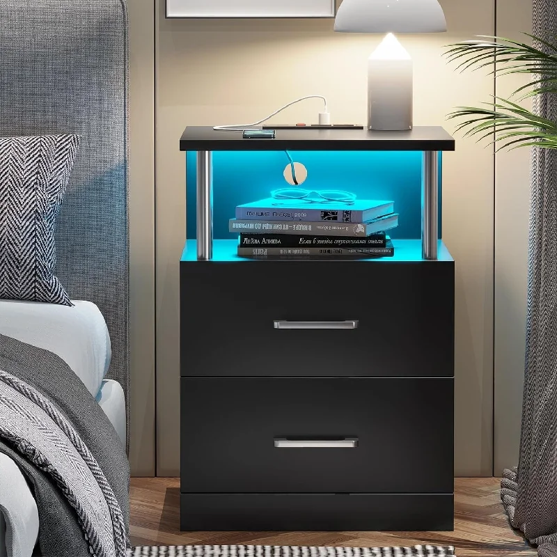 Nightstand with Open Storage 2 USB Ports Outlets 2 Drawers LED Light