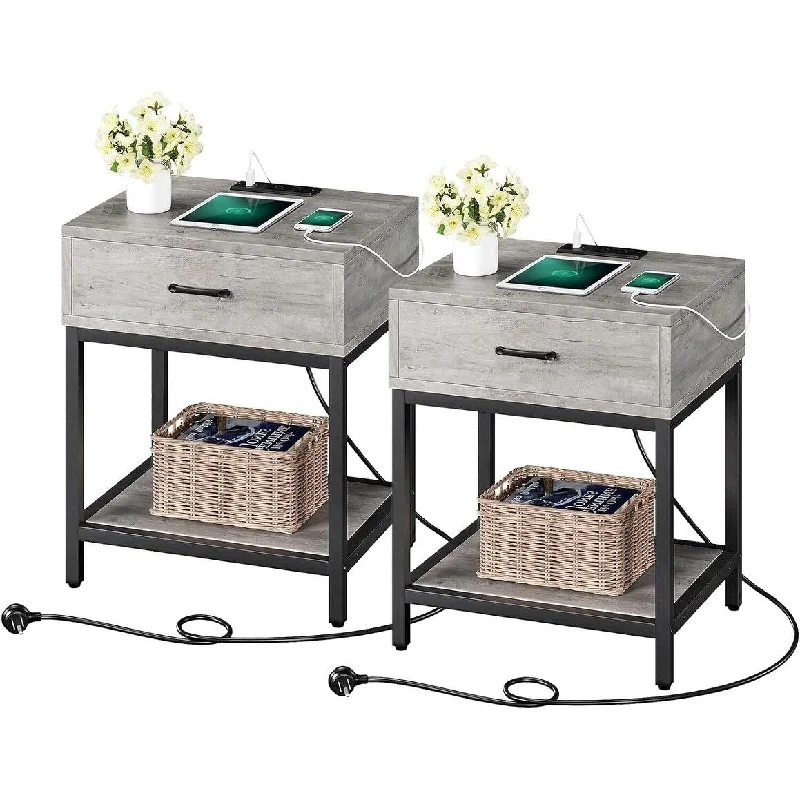 Nightstands Set of 2 with Charging Station - Night Stand with Drawer and Storage Shelf