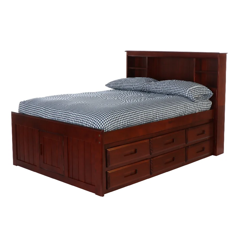 OS Home and Office Furniture Model Solid Pine Full Captains Bookcase Bed with 6 drawers in Rich Merlot