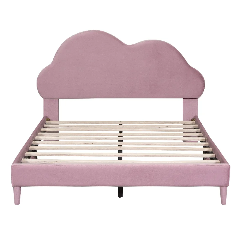 Pink Full Size Upholstered Platform Bed with Charming Cloud-Shape Headboard