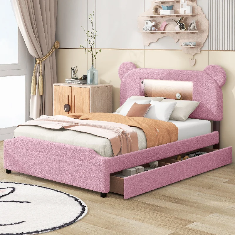 Pink Full Size Upholstered Storage Platform Bed with Cartoon Ears Headboard, LED - Sturdy Frame