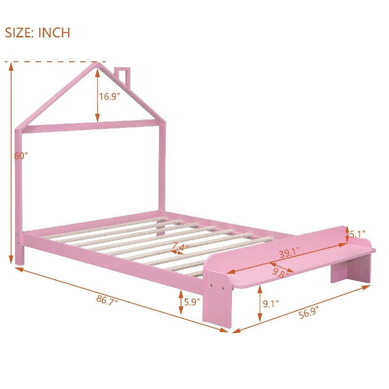 Pink Full Size Wood Platform Bed with House-Shaped Headboard