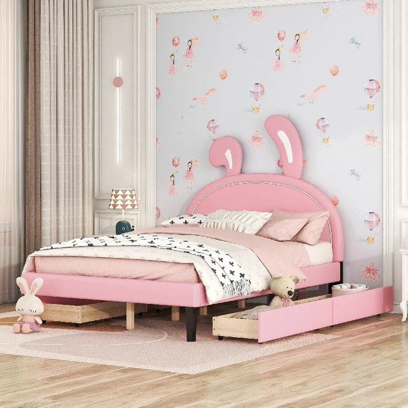 Pink Full SizeUpholstered / Platform Bed with Rabbit Headboard