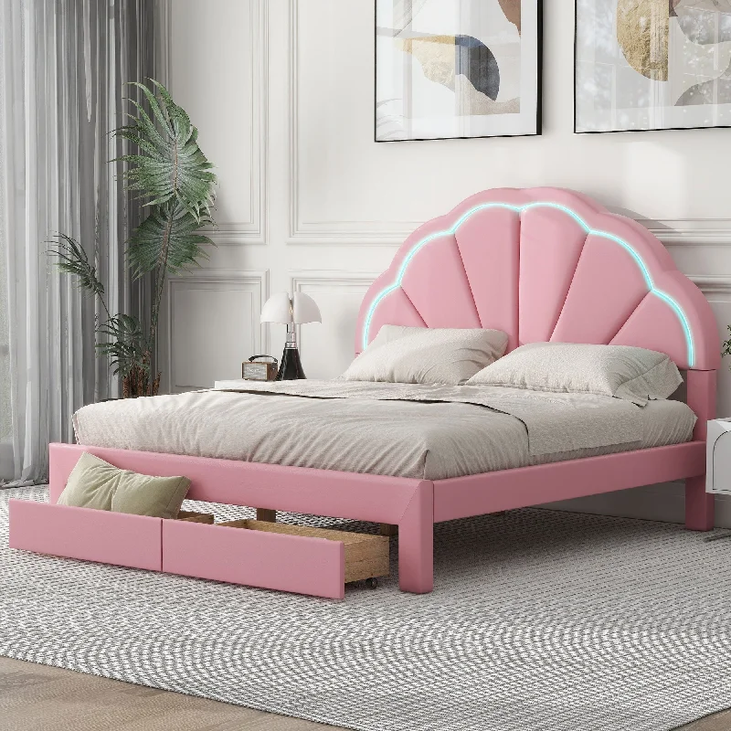 Pink Queen Size Upholstered Platform Bed with Seashell Shaped Headboard, LED, 2 Drawers - Chic