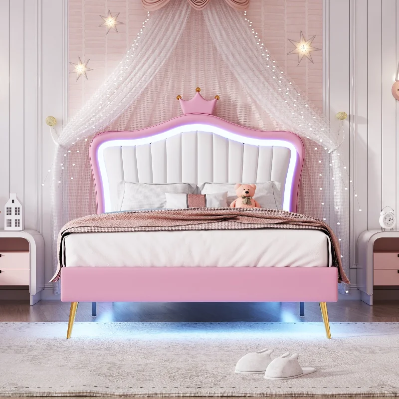 Pink Twin Size Upholstered Platform Bed with LED Lights and Crown Headboard