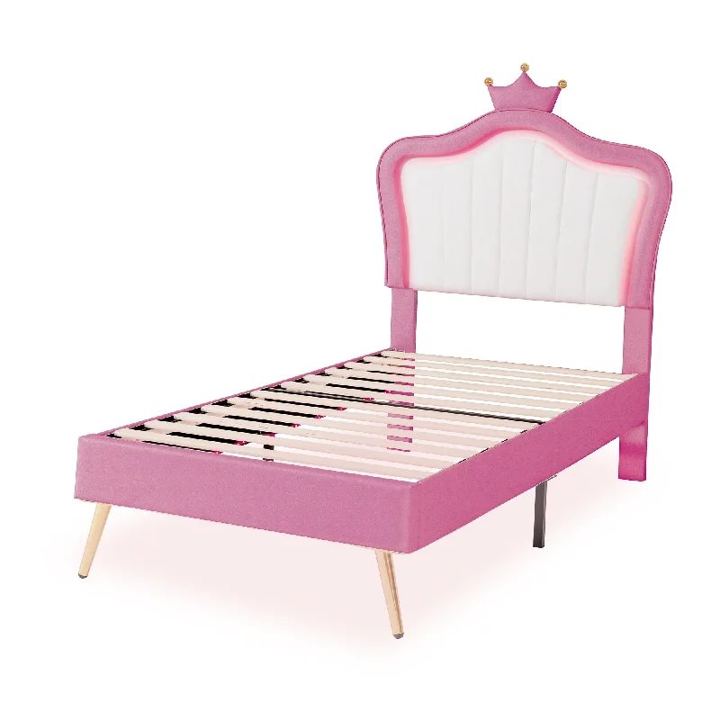 Pink Twin Upholstered Platform Bed with LED Lights