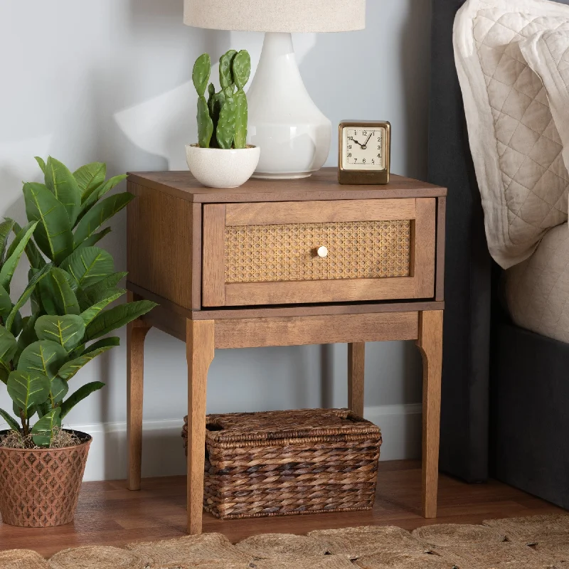 Ramiel Mid-Century Modern Ash Walnut Finished Wood and Rattan 1-Drawer Nightstand