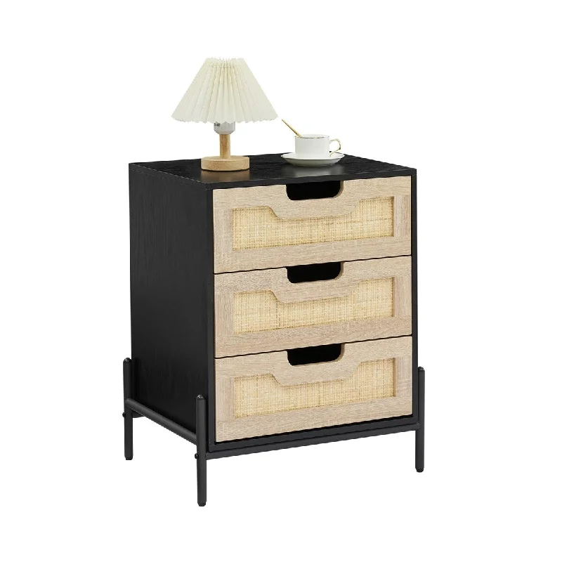 Rattan Nightstand, 25" Tall Black Nightstand with 3 Natural Rattan Drawers