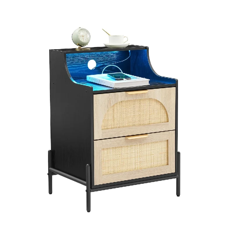 Rattan Nightstand with Charging Station and LED Lights