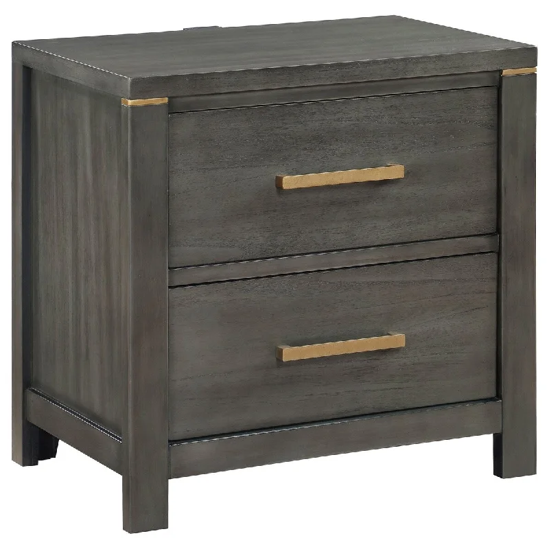 Ren Nightstand, 2 Drawers, Brass Tone Accents, Bar Handles, Dark Gray